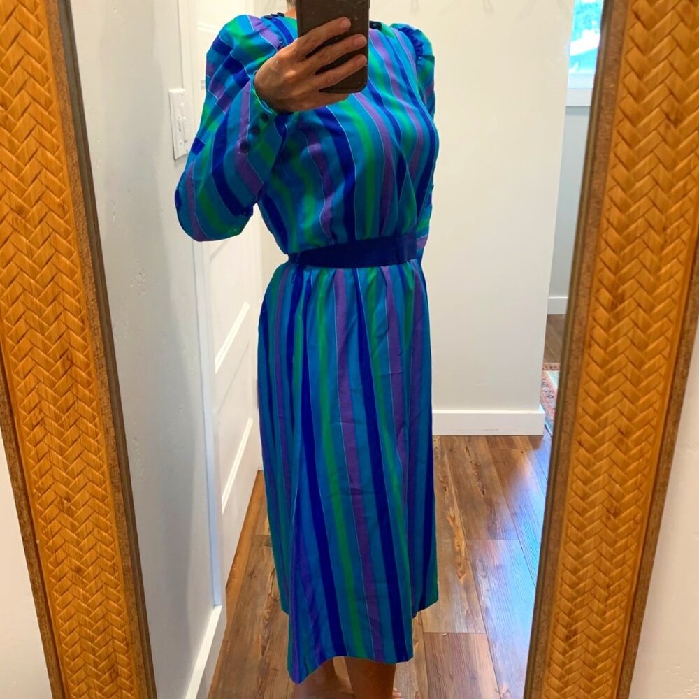 Vintage 80s Striped Secretary Dress Size Small Modest